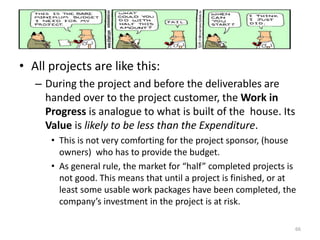 • All projects are like this:
– During the project and before the deliverables are
handed over to the project customer, the Work in
Progress is analogue to what is built of the house. Its
Value is likely to be less than the Expenditure.
• This is not very comforting for the project sponsor, (house
owners) who has to provide the budget.
• As general rule, the market for “half” completed projects is
not good. This means that until a project is finished, or at
least some usable work packages have been completed, the
company’s investment in the project is at risk.
66
 