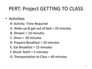 PERT: Project GETTING TO CLASS
• Activities:
#- Activity -Time Required
A. Wake-up & get out of bed = 10 minutes
B. Shower = 10 minutes
C. Dress = 10 minutes
D. Prepare Breakfast = 20 minutes
E. Eat Breakfast = 15 minutes
F. Brush Teeth = 5 minutes
G. Transportation to Class = 40 minutes
88
 