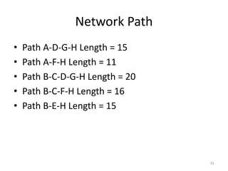 Network Path
• Path A-D-G-H Length = 15
• Path A-F-H Length = 11
• Path B-C-D-G-H Length = 20
• Path B-C-F-H Length = 16
• Path B-E-H Length = 15
91
 