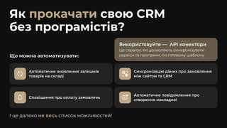Як свою CRM
без програмістів?
прокачати
Використовуйте — API конектори
Це сервіси, які дозволяють синхронізувати
сервіси та програми, по готовому шаблону
Що можна автоматизувати:
Сповіщення про оплату замовлень
Автоматичне оновлення залишків
товарів на складі
Синхронізацію даних про замовлення
між сайтом та CRM
Автоматичне повідомлення про
створення накладної
І це далеко список можливостей!
не весь
 