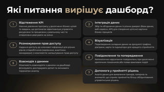 Які питання дашборд?
вирішує
1 Відстеження KPI
Наочне уявлення прогресу у досягненні бізнес-цілей
та завдань, що допомагає ефективніше управляти
ресурсами та процесами у реальному часі та
оперативно реагувати на зміни
4 Візуалізація
Перетворення складних даних на зрозумілі графіки,
діаграми, карти та індикатори для кращого сприйняття
2 Інтеграція даних
Збір та об'єднання даних із різних джерел (бази даних,
веб-сервіси, API) для створення цілісної картини
бізнес-процесів
6 Повідомлення та попередження
Автоматичне надсилання повідомлень при досягненні
критичних показників або появи важливих подій
3 Розмежування прав доступу
Надання доступу до ключової інформації для різних
рівнів співробітників (керівники, аналітики,
менеджери) з можливістю налаштування прав доступу
5 Взаємодія з даними
Можливість взаємодіяти з даними на дашборді:
фільтрувати, досліджувати деталі та змінювати
параметри аналізу
7
Допомога у прийнятті рішень
Аналіз даних для виявлення трендів, патернів та
аномалій, що сприяє прийняттю більш обґрунтованих
управлінських рішень
 