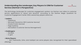 Understanding the Landscape: Key Players in CRM for Customer
Service (Gartner's Perspective)
The technology landscape for customer engagement centers—as Gartner now refers to customer
service applications—is robust and dynamic. According to the Gartner Magic Quadrant for
Customer Engagement Center 2024, several key players stand out:
• Leaders:
◦Salesforce
◦Microsoft (Dynamics 365 Customer Service)
◦Oracle (Fusion Service)
◦Pega Systems
◦ServiceNow (Customer Service Management)
• Challengers:
◦Zendesk
◦e-gain
• Niche Players:
◦ SAP, Freshworks, Zoho, and HubSpot are some players also recognized for their specialized
offerings.
 
