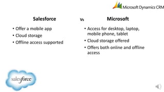 Salesforce
• Offer a mobile app
• Cloud storage
• Offline access supported

Vs

Microsoft
• Access for desktop, laptop,
mobile phone, tablet
• Cloud storage offered
• Offers both online and offline
access

 