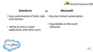 Salesforce
• Easy customization of fields, tabs
and interface
• Ability to share custom
applications with other users

Vs

Microsoft
• Easy but limited customization
• Dependable on Microsoft
softwares

 