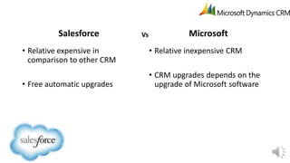 Salesforce
• Relative expensive in
comparison to other CRM
• Free automatic upgrades

Vs

Microsoft
• Relative inexpensive CRM
• CRM upgrades depends on the
upgrade of Microsoft software

 