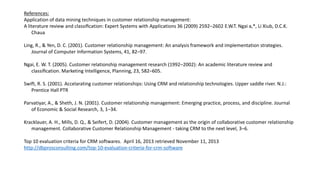 References:
Application of data mining techniques in customer relationship management:
A literature review and classiﬁcation: Expert Systems with Applications 36 (2009) 2592–2602 E.W.T. Ngai a,*, Li Xiub, D.C.K.
Chaua
Ling, R., & Yen, D. C. (2001). Customer relationship management: An analysis framework and implementation strategies.
Journal of Computer Information Systems, 41, 82–97.
Ngai, E. W. T. (2005). Customer relationship management research (1992–2002): An academic literature review and
classiﬁcation. Marketing Intelligence, Planning, 23, 582–605.
Swift, R. S. (2001). Accelarating customer relationships: Using CRM and relationship technologies. Upper saddle river. N.J.:
Prentice Hall PTR
Parvatiyar, A., & Sheth, J. N. (2001). Customer relationship management: Emerging practice, process, and discipline. Journal
of Economic & Social Research, 3, 1–34.
Kracklauer, A. H., Mills, D. Q., & Seifert, D. (2004). Customer management as the origin of collaborative customer relationship
management. Collaborative Customer Relationship Management - taking CRM to the next level, 3–6.
Top 10 evaluation criteria for CRM softwares. April 16, 2013 retrieved November 11, 2013
http://dbprosconsulting.com/top-10-evaluation-criteria-for-crm-software

 