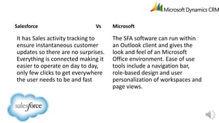 Salesforce

Vs

It has Sales activity tracking to
ensure instantaneous customer
updates so there are no surprises.
Everything is connected making it
easier to operate on day to day,
only few clicks to get everywhere
the user needs to be and fast

Microsoft

The SFA software can run within
an Outlook client and gives the
look and feel of an Microsoft
Office environment. Ease of use
tools include a navigation bar,
role-based design and user
personalization of workspaces and
page views.

 