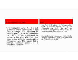 The Companies Act, 1956
• The Companies Act, 1956 does not
permit an Indian company to merge
into a foreign one. According to
section 394(4) (b) of the Companies
Act, 1956, in any arrangement or
reconstruction, a transferee company
must be one within the meaning of the
Companies Act. This means that a
foreign company cannot be a
transferee company.
NEW
• 13th April 2017, Ministry of Corporate Affairs
(“MCA”) notified Section 234 of the
Companies Act, 2013 (“the Act”) and
Companies (Compromise, Arrangements and
Amalgamation) Amendment Rules, 2017
• Foreign Exchange Management (Cross Border
Merger) Regulations, 2018 vide notification
no. FEMA.389/2018-RB
 