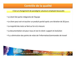 Contrôle de la qualité
C est un changement de paradigme: plusieurs employés bousculés
C’est un changement de paradigme: plusieurs employés bousculés
• Le client fait partie intégrante de l’équipe
• Le client peut voir et toucher un produit partiel après une itération de 20 jours
•L
La majorité des tests se font au fur et à mesure
j ité d t t
f t f
tà
• La documentation est pour nous et non le client: support et évolution
• Il y a diminution des points de relais de l’information/commandes de travail

 