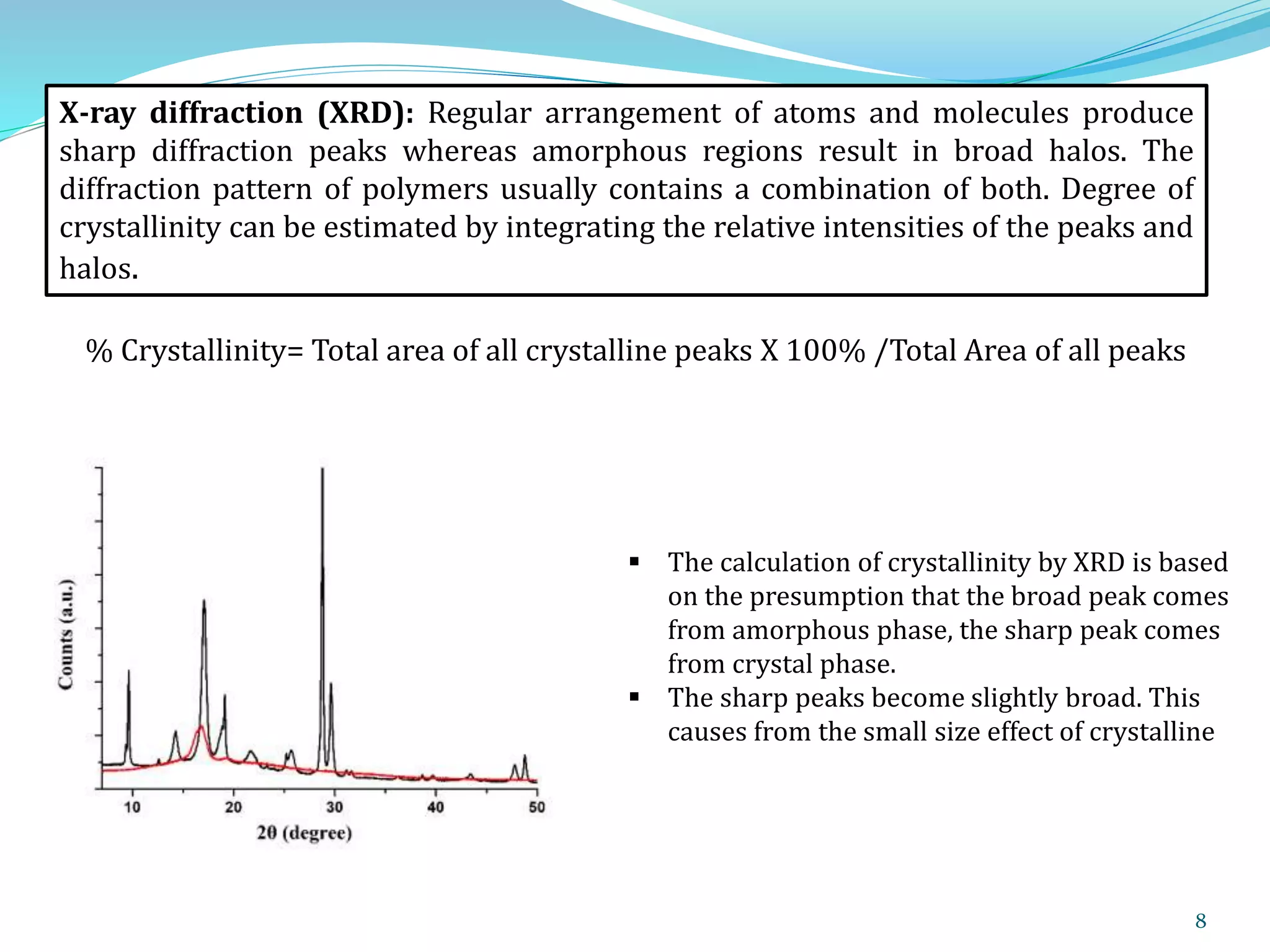 8
% Crystallinity= Total area of all crystalline peaks X 100% /Total Area of all peaks
 The calculation of crystallinity by XRD is based
on the presumption that the broad peak comes
from amorphous phase, the sharp peak comes
from crystal phase.
 The sharp peaks become slightly broad. This
causes from the small size effect of crystalline
X-ray diffraction (XRD): Regular arrangement of atoms and molecules produce
sharp diffraction peaks whereas amorphous regions result in broad halos. The
diffraction pattern of polymers usually contains a combination of both. Degree of
crystallinity can be estimated by integrating the relative intensities of the peaks and
halos.
 