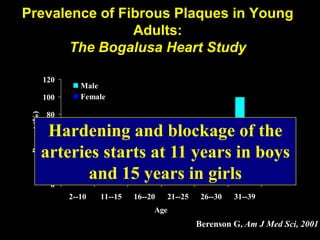 Prevalence of Fibrous Plaques in Young
Adults:
The Bogalusa Heart Study
0
20
40
60
80
100
120
2--10 11--15 16--20 21--25 26--30 31--39
Age
Percent
(%)
Male
Female
Berenson G, Am J Med Sci, 2001
Hardening and blockage of the
arteries starts at 11 years in boys
and 15 years in girls
 