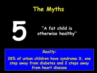 “A fat child is
otherwise healthy”
The Myths
5
Reality:
28% of urban children have syndrome X, one
step away from diabetes and 2 steps away
from heart disease
 