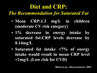 Diet and CRP:
The Recommendation for Saturated Fat
• Mean CRP:1.3 mg/L in children
(moderate CV risk category)
• 1% decrease in energy intake by
saturated fat:CRP levels decrease by
0.14mg/L
• Saturated fat intake <7% of energy
intake would result in mean CRP level
<1mg/L (Low risk for CVD)
Misra et al., Atherosclerosis, 2005
 