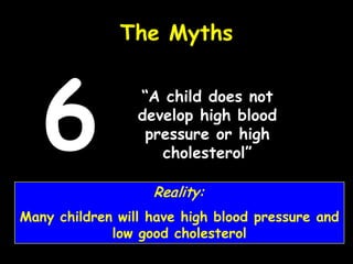 “A child does not
develop high blood
pressure or high
cholesterol”
The Myths
6
Reality:
Many children will have high blood pressure and
low good cholesterol
 