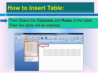 How to Insert Table:
Then Select the Columns and Rows of the table.
Then the table will be inserted.