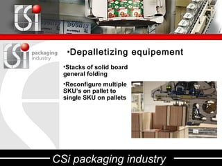 •Depalletizing equipement
  •Stacks of solid board
  general folding
  •Reconfigure multiple
  SKU’s on pallet to
  single SKU on pallets




CSi packaging industry
 