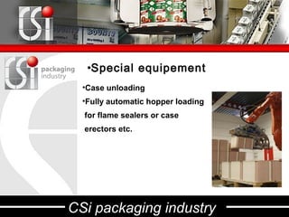 •Special equipement
  •Case unloading
  •Fully automatic hopper loading
  for flame sealers or case
  erectors etc.




CSi packaging industry
 