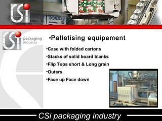 •Palletising equipement
  •Case with folded cartons
  •Stacks of solid board blanks
  •Flip Tops short & Long grain
  •Outers
  •Face up Face down




CSi packaging industry
 