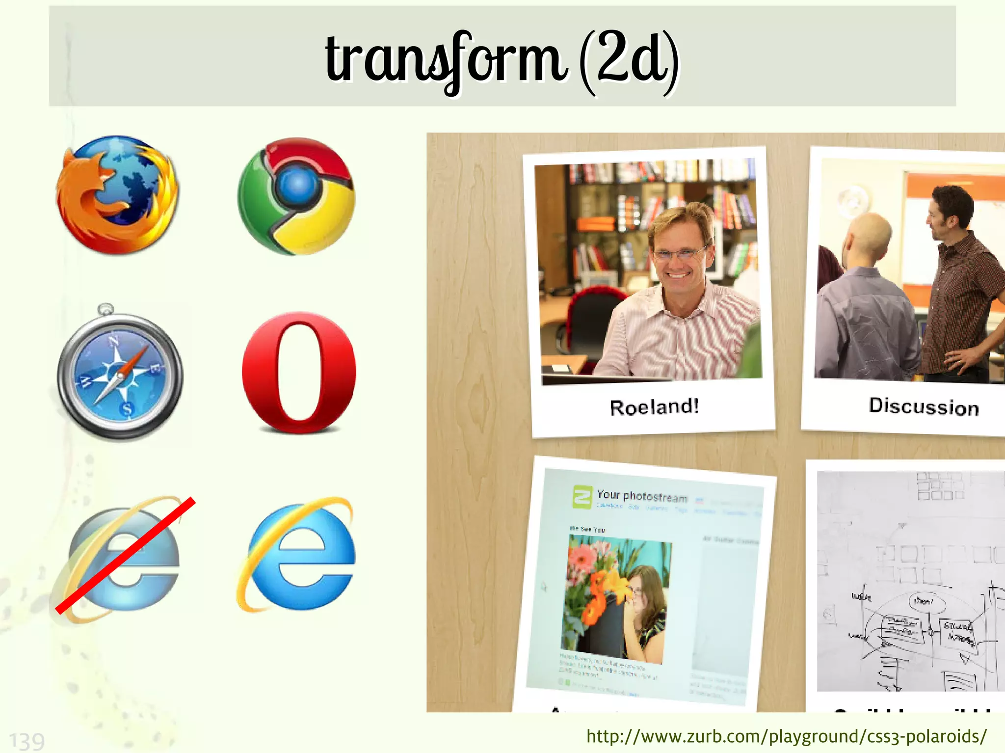 transform (2d)




139             http://www.zurb.com/playground/css3-polaroids/
 