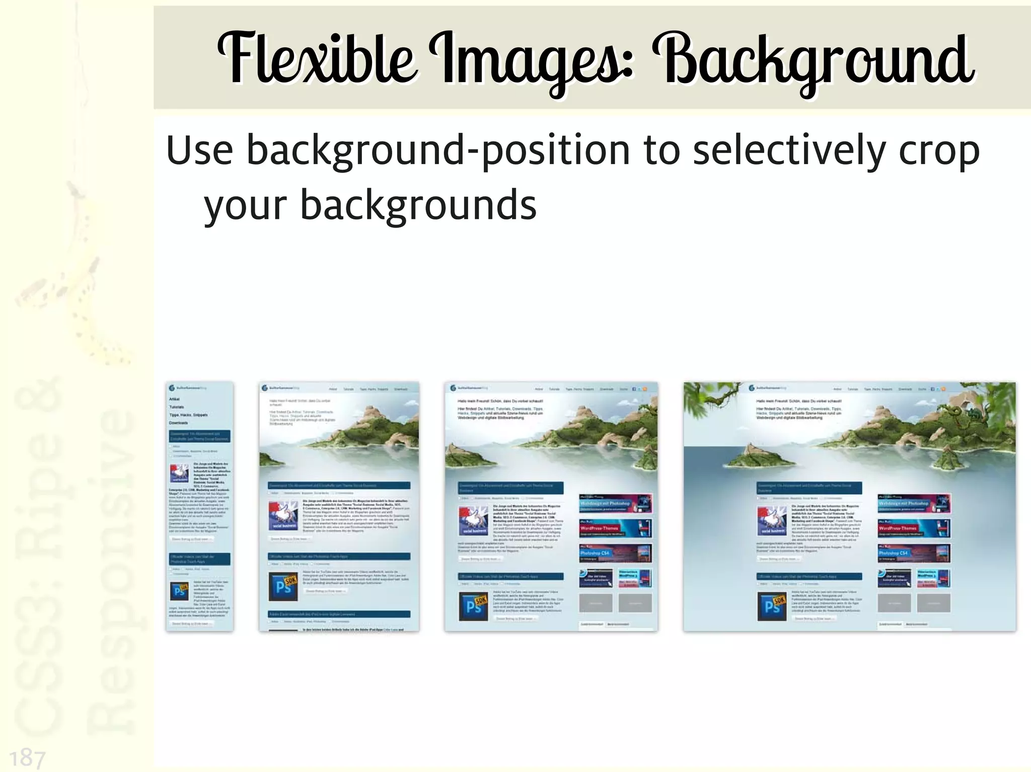 Flexible Images: Background
      Use background-position to selectively crop
        your backgrounds




187
 