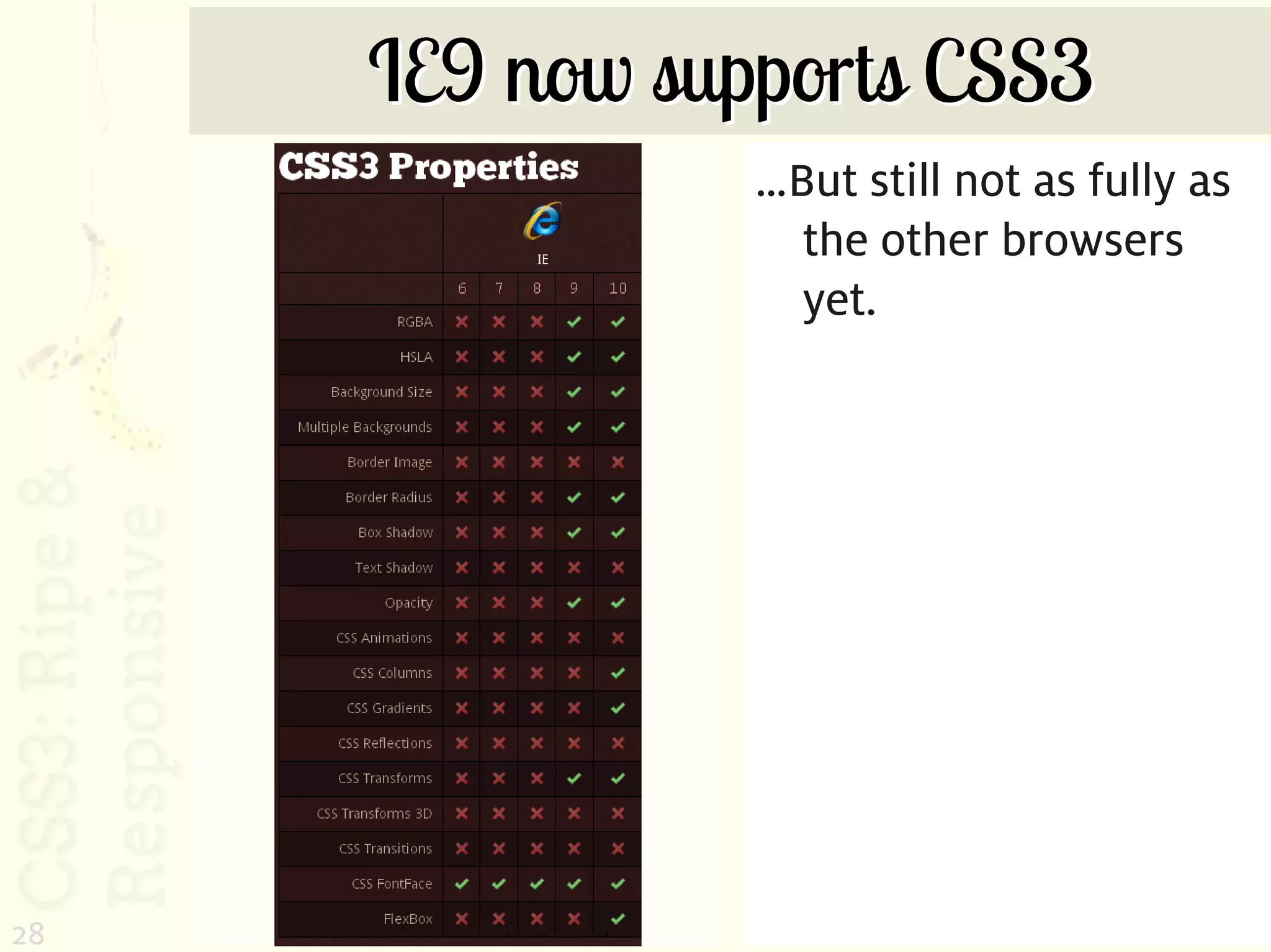 IE9 now supports CSS3
                …But still not as fully as
                  the other browsers
                  yet.




28
 