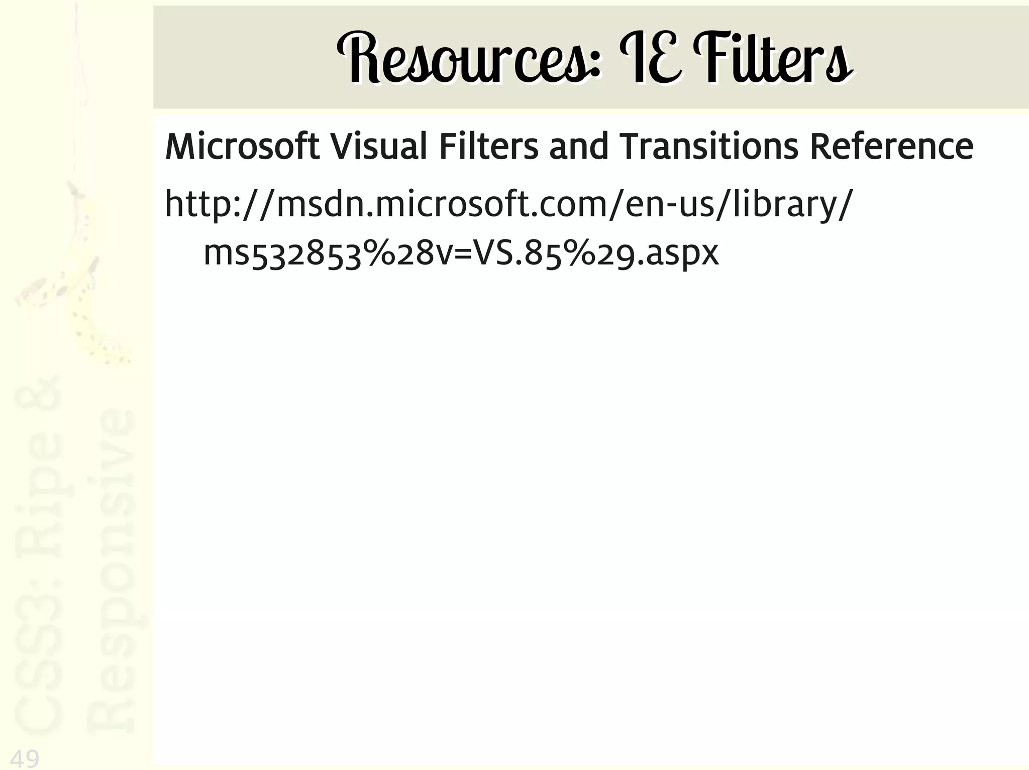 Resources: IE Filters
     Microsoft Visual Filters and Transitions Reference
     http://msdn.microsoft.com/en-us/library/
       ms532853%28v=VS.85%29.aspx




49
 