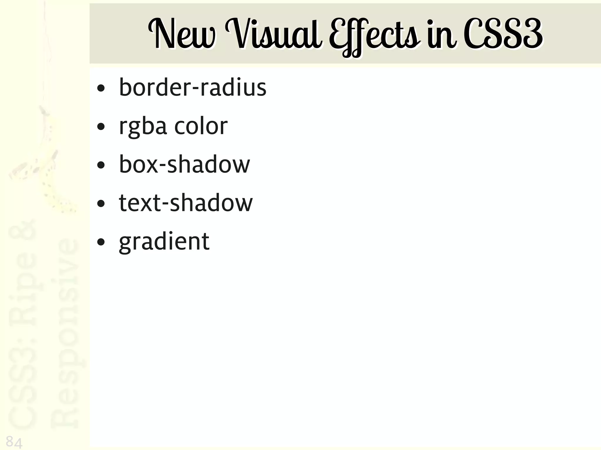 New Visual Effects in CSS3
     •   border-radius
     •   rgba color
     •   box-shadow
     •   text-shadow
     •   gradient




84
 
