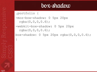 box-shadow
      .portfolio {
      -moz-box-shadow: 0 5px 20px
        rgba(0,0,0,0.6);
      -webkit-box-shadow: 0 5px 20px
        rgba(0,0,0,0.6);
      box-shadow: 0 5px 20px rgba(0,0,0,0.6);
      }




140
 