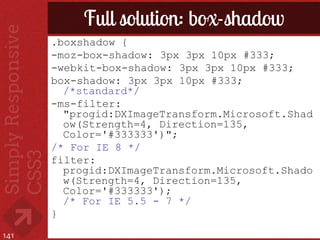 Full solution: box-shadow
      .boxshadow {
      -moz-box-shadow: 3px 3px 10px #333;
      -webkit-box-shadow: 3px 3px 10px #333;
      box-shadow: 3px 3px 10px #333;
        /*standard*/
      -ms-filter:
        "progid:DXImageTransform.Microsoft.Shad
        ow(Strength=4, Direction=135,
        Color='#333333')";
      /* For IE 8 */
      filter:
        progid:DXImageTransform.Microsoft.Shado
        w(Strength=4, Direction=135,
        Color='#333333');
        /* For IE 5.5 - 7 */
      }
141
 