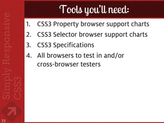 Tools you’ll need:
     1.   CSS3 Property browser support charts
     2.   CSS3 Selector browser support charts
     3.   CSS3 Specifications
     4.   All browsers to test in and/or
          cross-browser testers




72
 