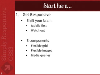 Start here…
    1. Get Responsive
      •   Shift your brain
          •   Mobile first
          •   Watch out


      •   3 components
          •   Flexible grid
          •   Flexible images
          •   Media queries




8
 