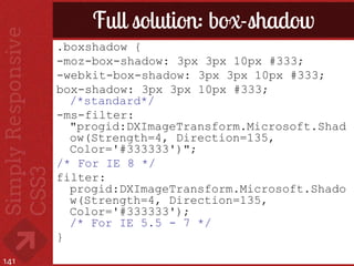 Full solution: box-shadow
      .boxshadow {
      -moz-box-shadow: 3px 3px 10px #333;
      -webkit-box-shadow: 3px 3px 1...