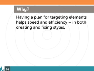 Why?
     Having a plan for targeting elements
     helps speed and efficiency – in both
     creating and fixing styles.




24
 