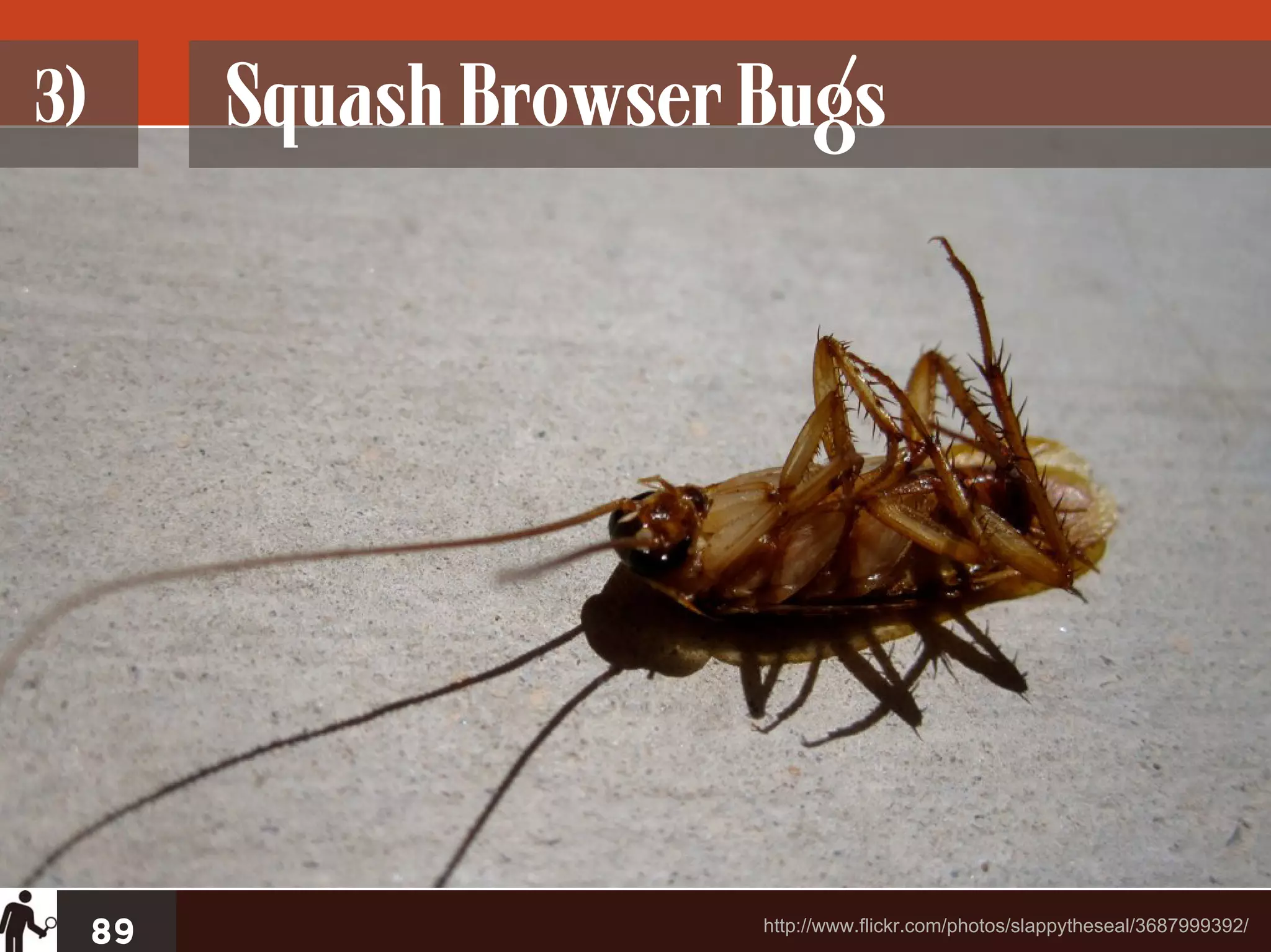 3)        Squash Browser Bugs




     89                  http://www.flickr.com/photos/slappytheseal/3687999392/
 