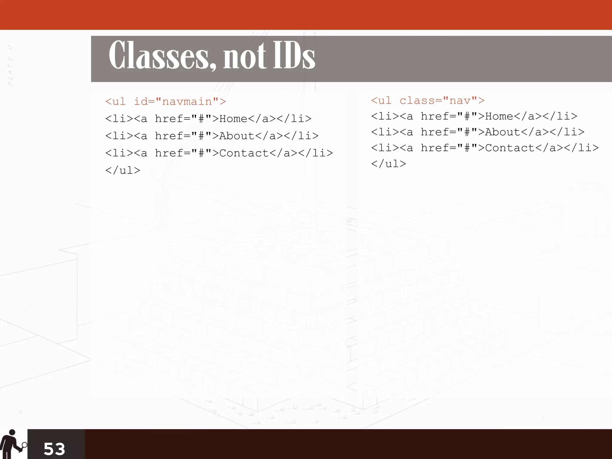 Classes, not IDs
     <ul id="navmain">                  <ul class="nav">
     <li><a href="#">Home</a></li>      <li><a href="#">Home</a></li>
     <li><a href="#">About</a></li>     <li><a href="#">About</a></li>
     <li><a href="#">Contact</a></li>   <li><a href="#">Contact</a></li>
                                        </ul>
     </ul>




53
 