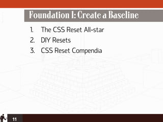 Foundation 1: Create a Baseline
     1. The CSS Reset All-star
     2. DIY Resets
     3. CSS Reset Compendia




11
 