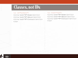 Classes, not IDs
     <ul id="navmain">                  <ul class="nav">
     <li><a href="#">Home</a></li>      <li><a href="#">Home</a></li>
     <li><a href="#">About</a></li>     <li><a href="#">About</a></li>
     <li><a href="#">Contact</a></li>   <li><a href="#">Contact</a></li>
                                        </ul>
     </ul>




53
 