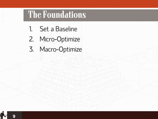 The Foundations
    1. Set a Baseline
    2. Micro-Optimize
    3. Macro-Optimize




9
 
