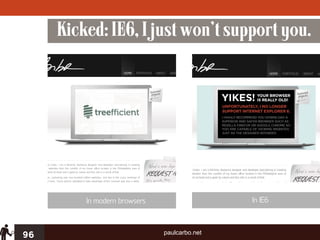 Kicked: IE6, I just won’t support you.




         In modern browsers                   In IE6



96                            paulcarbo.net
 
