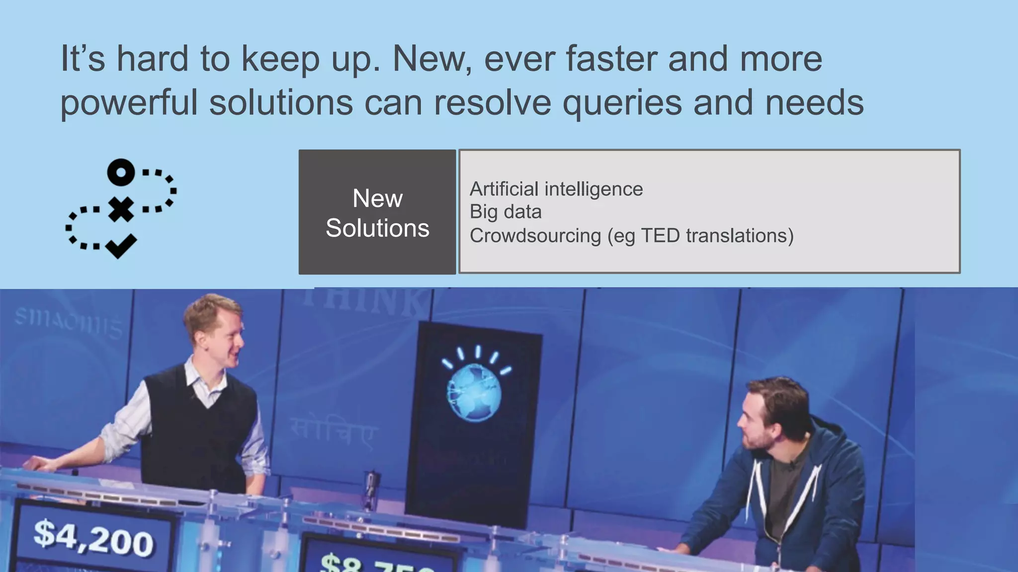 It’s hard to keep up. New, ever faster and more
powerful solutions can resolve queries and needs
New
Solutions
Artificial intelligence
Big data
Crowdsourcing (eg TED translations)
 