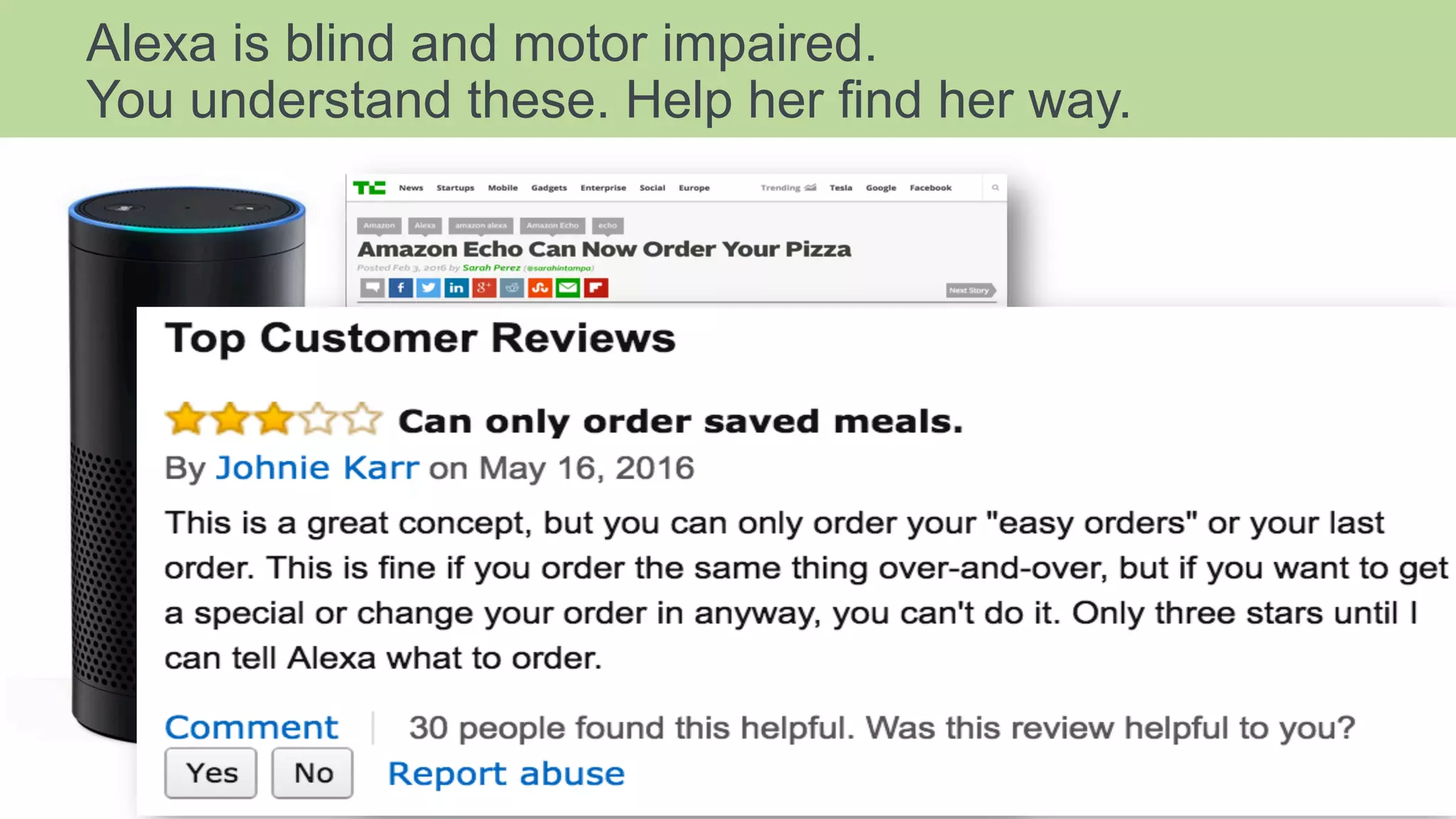 Alexa is blind and motor impaired.
You understand these. Help her find her way.
 