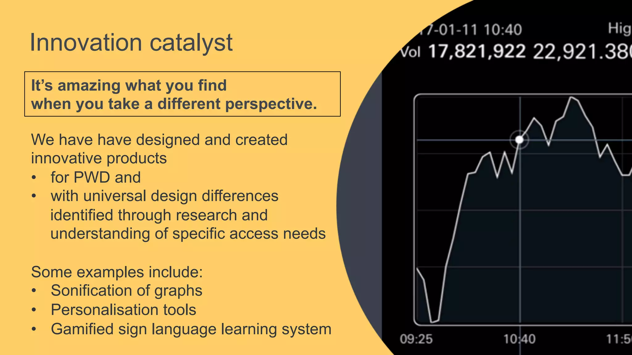 Innovation catalyst
It’s amazing what you find
when you take a different perspective.
We have have designed and created
innovative products
•  for PWD and
•  with universal design differences
identified through research and
understanding of specific access needs
Some examples include:
•  Sonification of graphs
•  Personalisation tools
•  Gamified sign language learning system
 