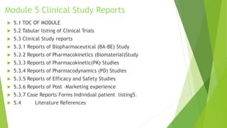 Module 5 Clinical Study Reports
 5.1 TOC OF MODULE
 5.2 Tabular listing of Clinical Trials
 5.3 Clinical Study reports
 5.3.1 Reports of Biopharmaceutical (BA-BE) Study
 5.3.2 Reports of Pharmacokinetics (Biomaterial)Study
 5.3.3 Reports of Pharmacokinetic(PK) Studies
 5.3.4 Reports of Pharmacodynamics (PD) Studies
 5.3.5 Reports of Efficacy and Safety Studies
 5.3.6 Reports of Post –Marketing experience
 5.3.7 Case Reports Forms Individual patient listing5.
 5.4 Literature References
 