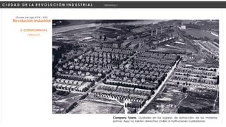 URBANAS:
Revolución Industrial
(Finales del siglo XVIII – XIX)
2. CONSECUENCIAS
C I U D A D D E L A R E V O L U C I Ó N I N D U S T R I A L Urbanismo I
Company Towns, ciudades en los lugares de extracción de las materias
primas. Aquí no existen derechos civilies ni instituciones ciudadanas
 