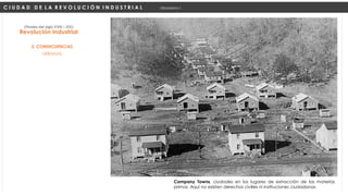 URBANAS:
Revolución Industrial
(Finales del siglo XVIII – XIX)
2. CONSECUENCIAS
C I U D A D D E L A R E V O L U C I Ó N I N D U S T R I A L Urbanismo I
Company Towns, ciudades en los lugares de extracción de las materias
primas. Aquí no existen derechos civilies ni instituciones ciudadanas
 
