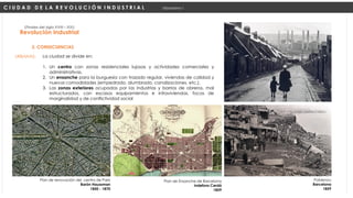 URBANAS:
Revolución Industrial
(Finales del siglo XVIII – XIX)
2. CONSECUENCIAS
C I U D A D D E L A R E V O L U C I Ó N I N D U S T R I A L Urbanismo I
Plan de renovación del centro de París
Barón Haussman
1850 - 1870
Plan de Ensanche de Barcelona
Indefons Cerdá
1859
Poblenou
Barcelona
1859
La ciudad se divide en:
1. Un centro con zonas residenciales lujosas y actividades comerciales y
administrativas.
2. Un ensanche para la burguesía con trazado regular, viviendas de calidad y
nuevas comodidades (empedrado, alumbrado, canalizaciones, etc.).
3. Las zonas exteriores ocupadas por las industrias y barrios de obreros, mal
estructurados, con escasos equipamientos e infraviviendas, focos de
marginalidad y de conflictividad social
 