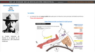 D E S P U É S D E L A C I U D A D D E L A R E V O L U C I Ó N I N D U S T R I A L Urbanismo I El nacimiento del urbanismo como disciplina
URBANISMO PROGRESISTA:
Tony
Garnier
1869-1948
La Ciudad Industrial de
Garnier es la génesis de la
arquitectura y del urbanismo
modernos.
Francés
Su modelo:
• La creación de una nueva ciudad adecuada para la industria como principal actividad económica:
“Une cité industrielle”
https://www.youtube.com/watch?v=5oGFuarImJ4
 