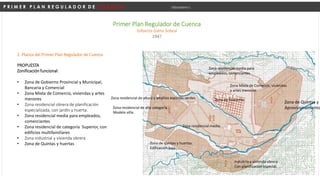 P R I M E R P L A N R E G U L A D O R D E C U E N C A Urbanismo I
Primer Plan Regulador de Cuenca
Gilberto Gatto Sobral
1947
PROPUESTA
Zonificación funcional:
• Zona de Gobierno Provincial y Municipal,
Bancaria y Comercial
• Zona Mixta de Comercio, viviendas y artes
menores
• Zona residencial obrera de planificación
especializada, con jardín y huerta.
• Zona residencial media para empleados,
comerciantes
• Zona residencial de categoría Superior, con
edificios multifamiliares
• Zona industrial y vivienda obrera
• Zona de Quintas y huertas
2. Planos del Primer Plan Regulador de Cuenca
Zona de Quintas y h
Aprovisionamiento
Zona residencial media
Zona Mixta de Comercio, viviendas
y artes menores
Zona de quintas y huertas.
Edificación baja.
Zona de Gobierno
Zona residencial media para
empleados, comerciantes
Industria y vivienda obrera
Con planificación especial.
Zona residencial de alta categoría´.
Modelo villa.
Zona residencial de altura y amplios espacios verdes
 