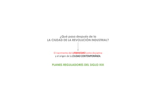 ¿Qué pasa después de la
LA CIUDAD DE LA REVOLUCIÓN INDUSTRIAL?
El nacimiento del URBANISMO como disciplina
y el origen de la CIUDAD CONTEMPORÁNEA.
PLANES REGULADORES DEL SIGLO XIX
 