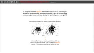 E L N A C I M I E N TO D E L U R B A N I S M O C O M O D I S C I P L I N A Urbanismo I
En la segunda mitad del siglo XIX se desarrollan y estructuran los principios y las
técnicas que van a constituir el planeamiento moderno a partir de los materiales y
reflexiones ya planteados en la segunda mitad del siglo XVIII y primera del siglo XIX
La ciudad se convierte en objeto privilegiado de reflexión
Literatos, filántropos, moralistas, políticos y distintas
categorías de profesionales; pero sobre todo médicos,
debido a las condiciones extremas de insalubridad
 